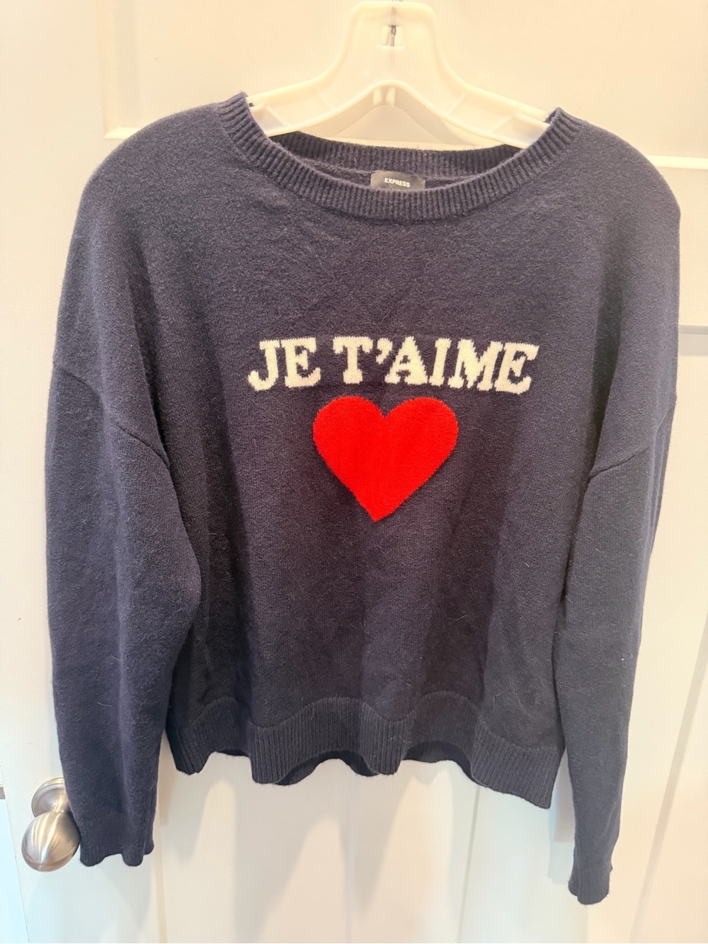 Express Je T’aime Heart Sweater Medium Navy French Graphic Knit Pullover